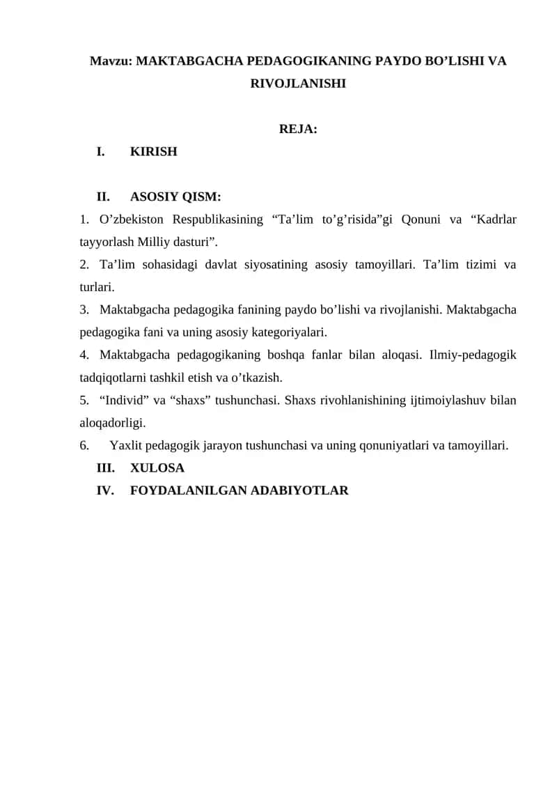 MAKTABGACHA PEDAGOGIKANING PAYDO BO’LISHI VA RIVOJLANISHI 1