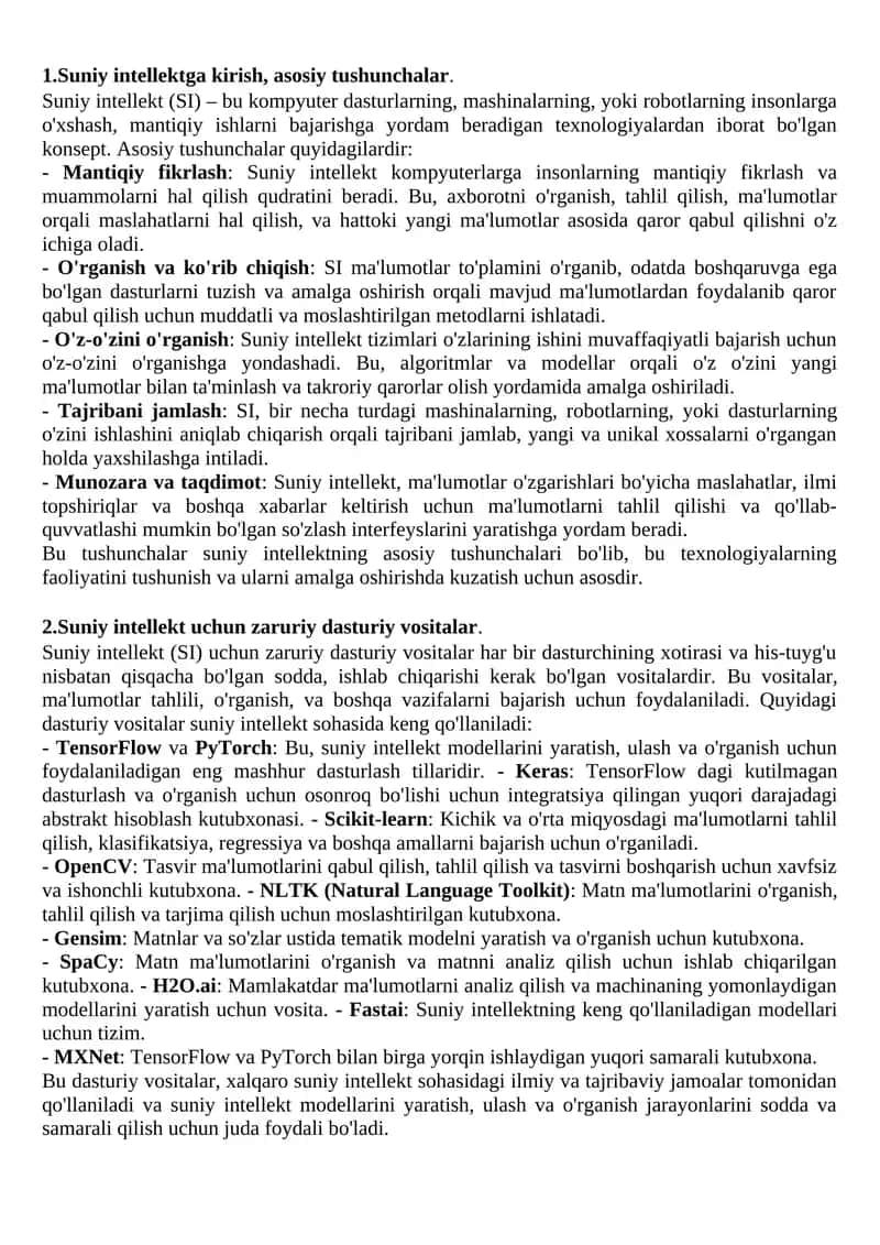 Suniy intellektga kirish, asosiy tushunchalar. 1
