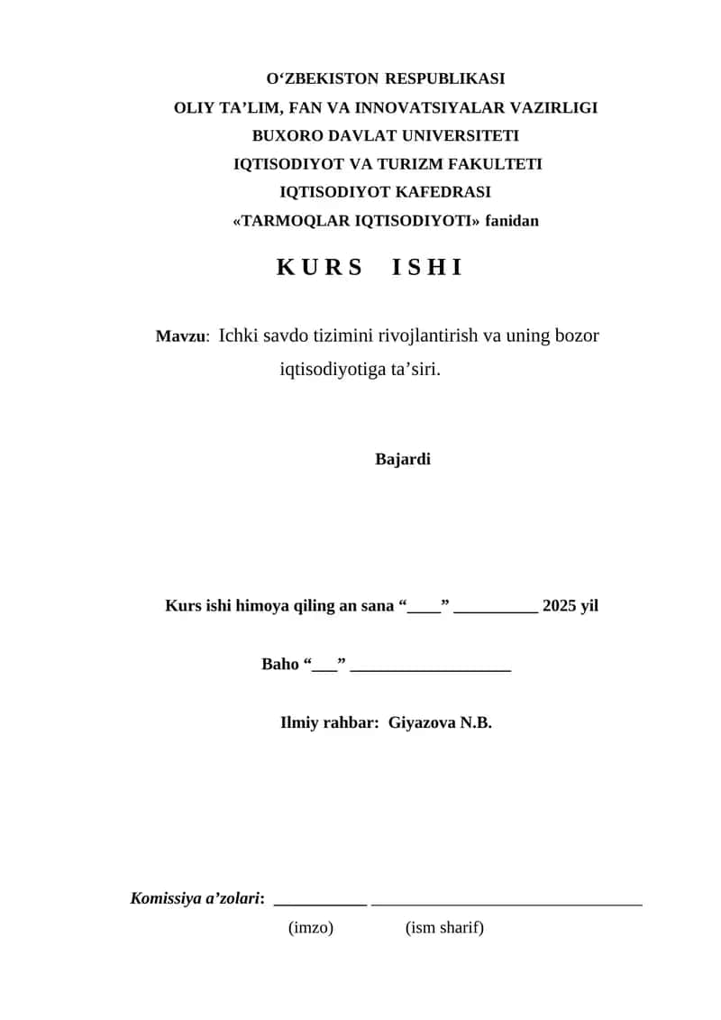 KURS ISHI UCHUN TAQRIZ "IQTISODIYOT VA TURIZM" FAKULTETI 1