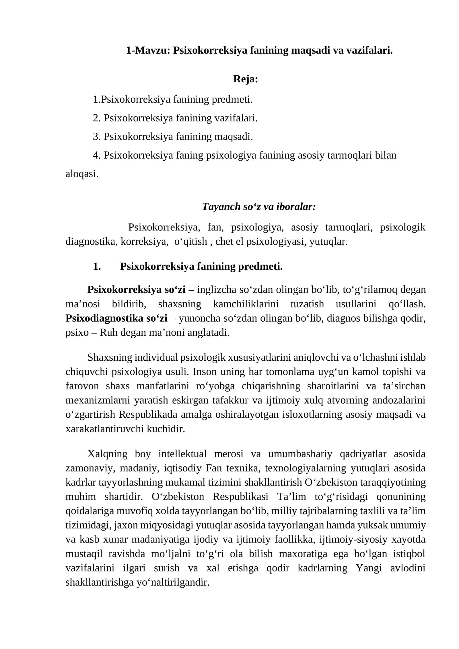 Psixokorreksiya fanining maqsadi va vazifalari 1
