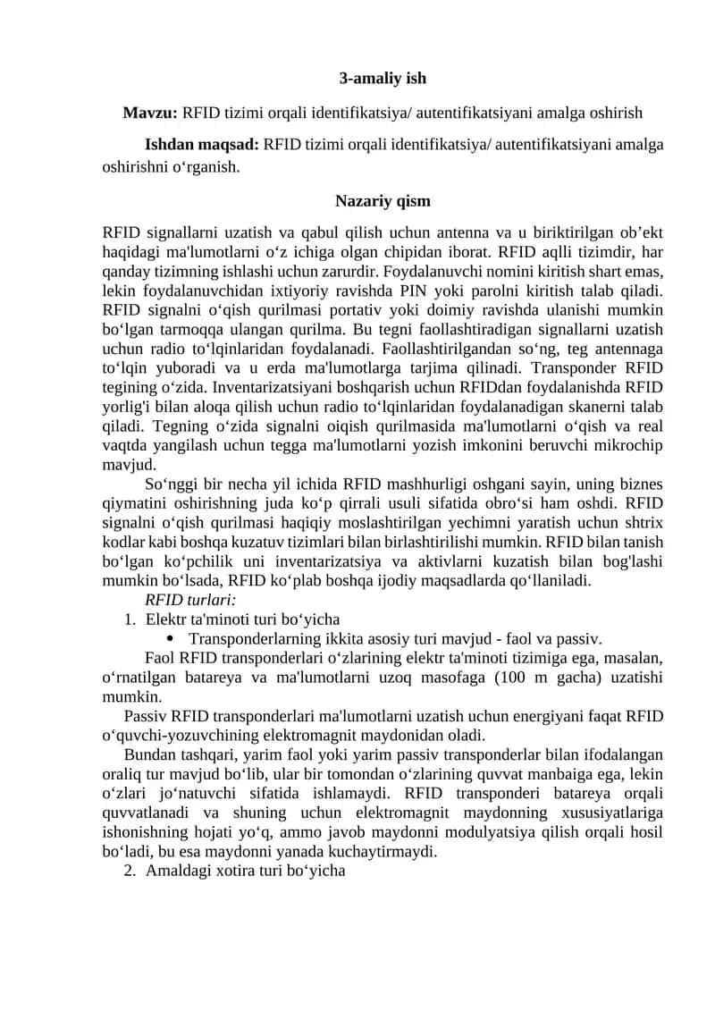 RFID tizimi orqali identifikatsiya/ autentifikatsiyani amalga oshirish 1
