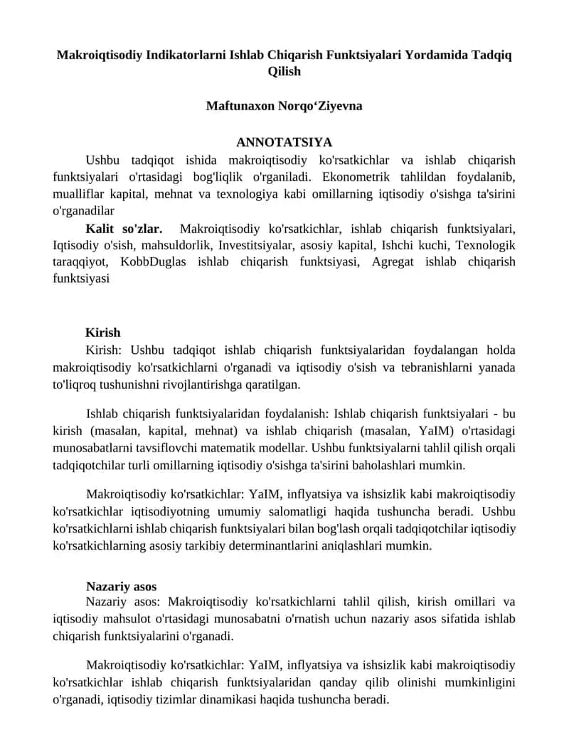 Makroiqtisodiy Indikatorlarni Ishlab Chiqarish Funktsiyalari Yordamida Tadqiq Qilish 1