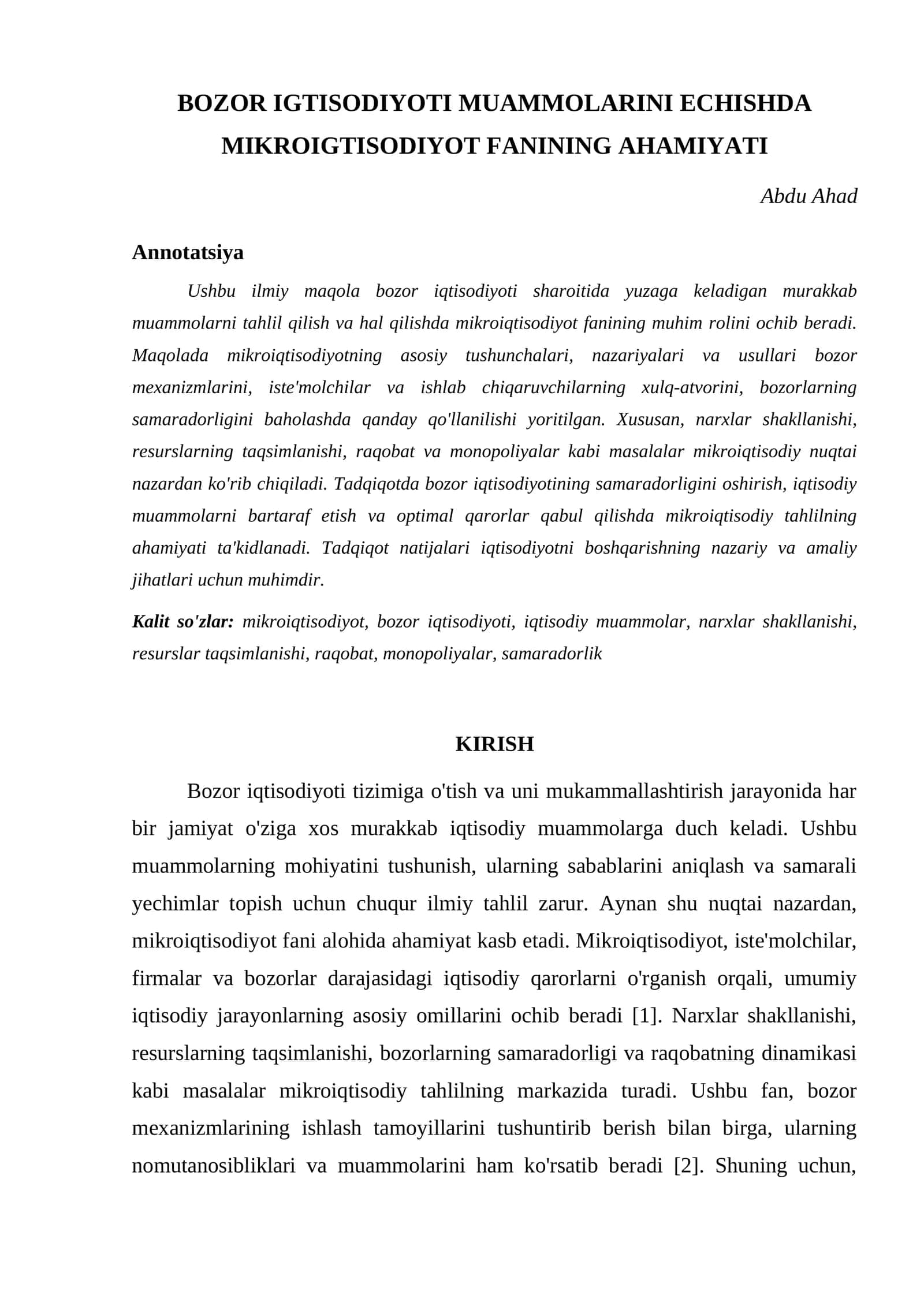 MIKROIGTISODIYOT FANINING BOZOR IQTISODIYOTI MUAMMOLARINI ECHISHDA AHAMIYATI 1