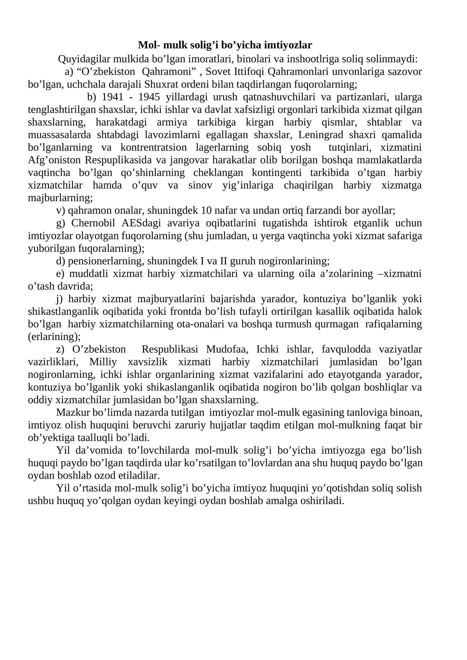Mol- mulk solig’i bo’yicha imtiyozlar 1