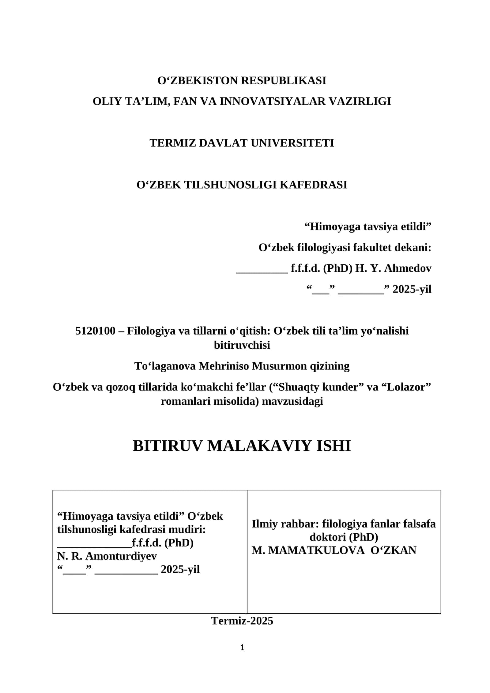 Filologiya va tillarni o‘qitish: O‘zbek tili ta’lim yo‘nalishi bitiruvchisi 1