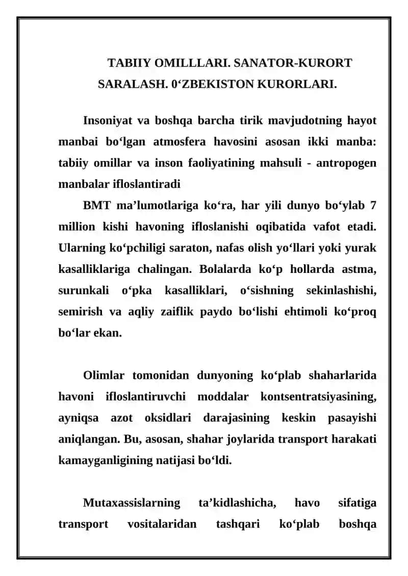 TABIIY OMILLLARI. SANATOR-KURORT SARALASH. 0‘ZBEKISTON KURORLARI
