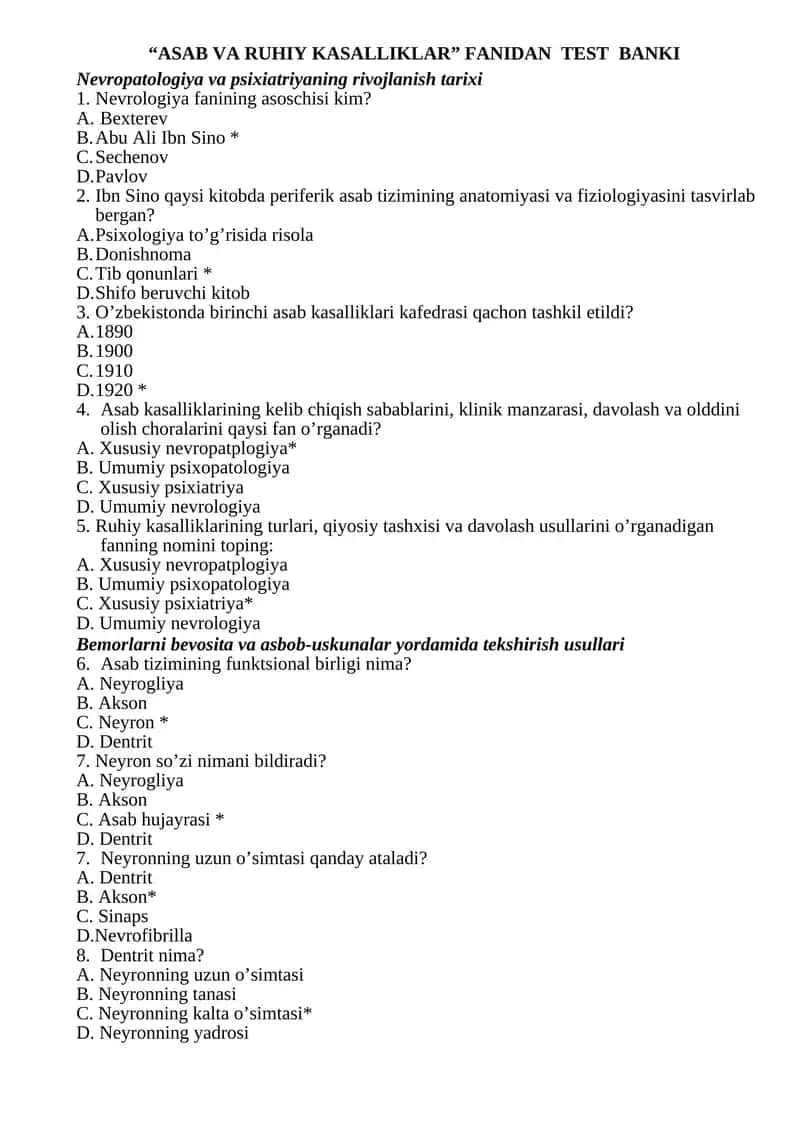 Nevropatologiya va psixiatriya test banki 1