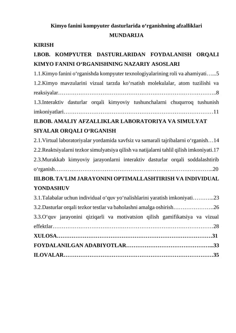 Kimyo fanini kompyuter dasturlarida oʻrganishning afzalliklari 1