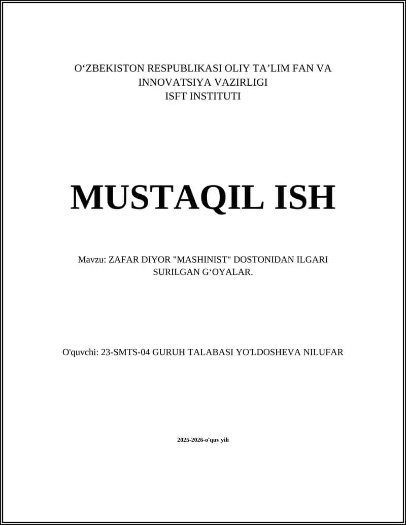 ZAFAR DIYOR "MASHINIST" DOSTONIDAN ILGARI SURILGAN G‘OYALAR 1