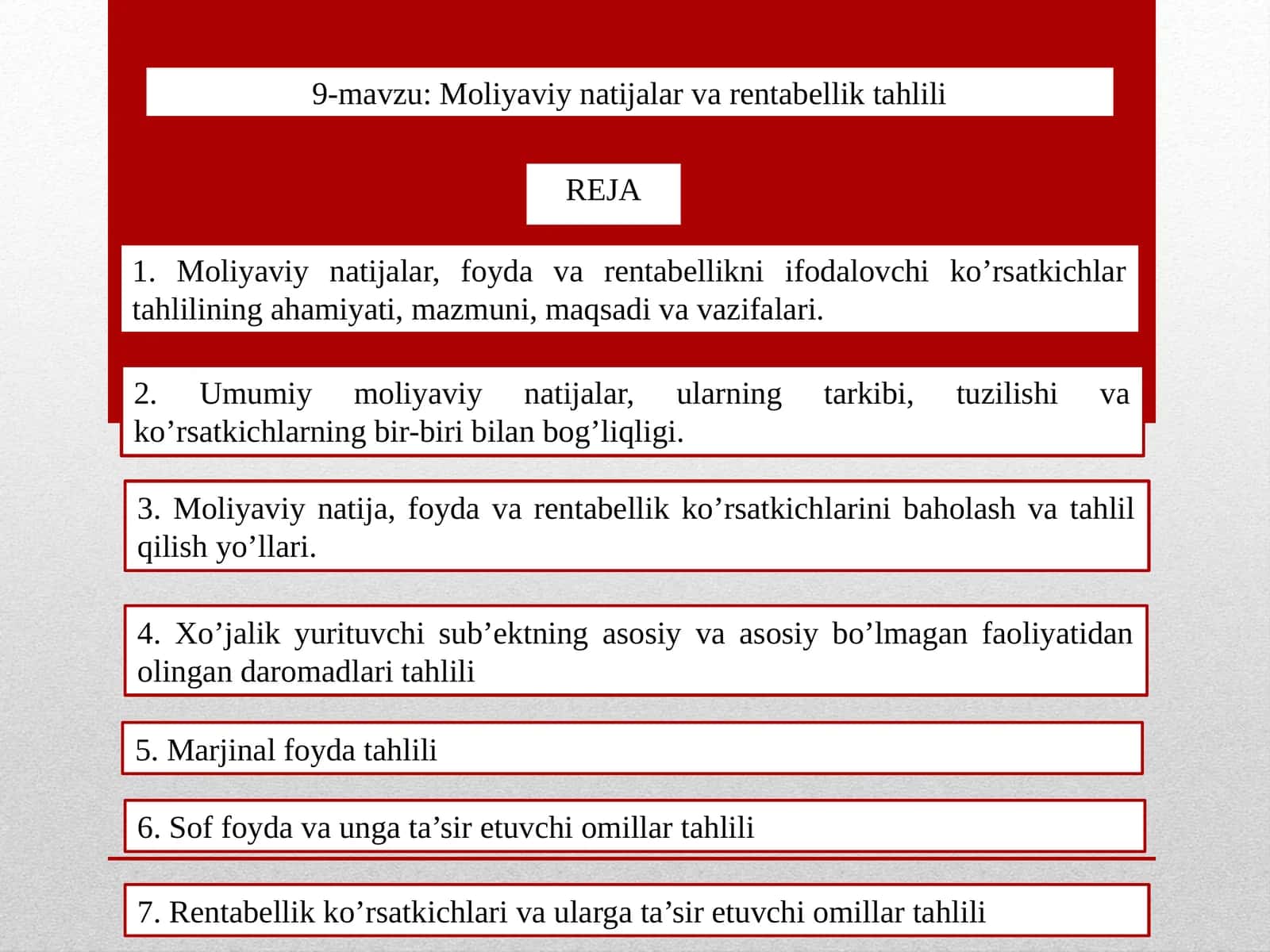 9-mavzu: Moliyaviy natijalar va rentabellik tahlili 1