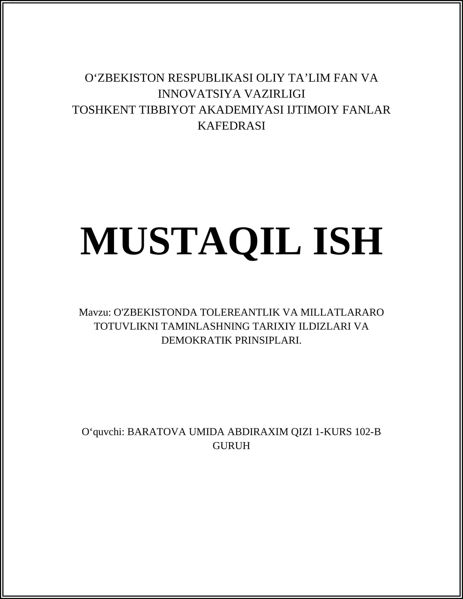 O'ZBEKISTONDA TOLEREANTLIK VA MILLATLARARO TOTUVLIKNI TAMINLASHNING TARIXIY ILDIZLARI VA DEMOKRATIK PRINSIPLARI 1