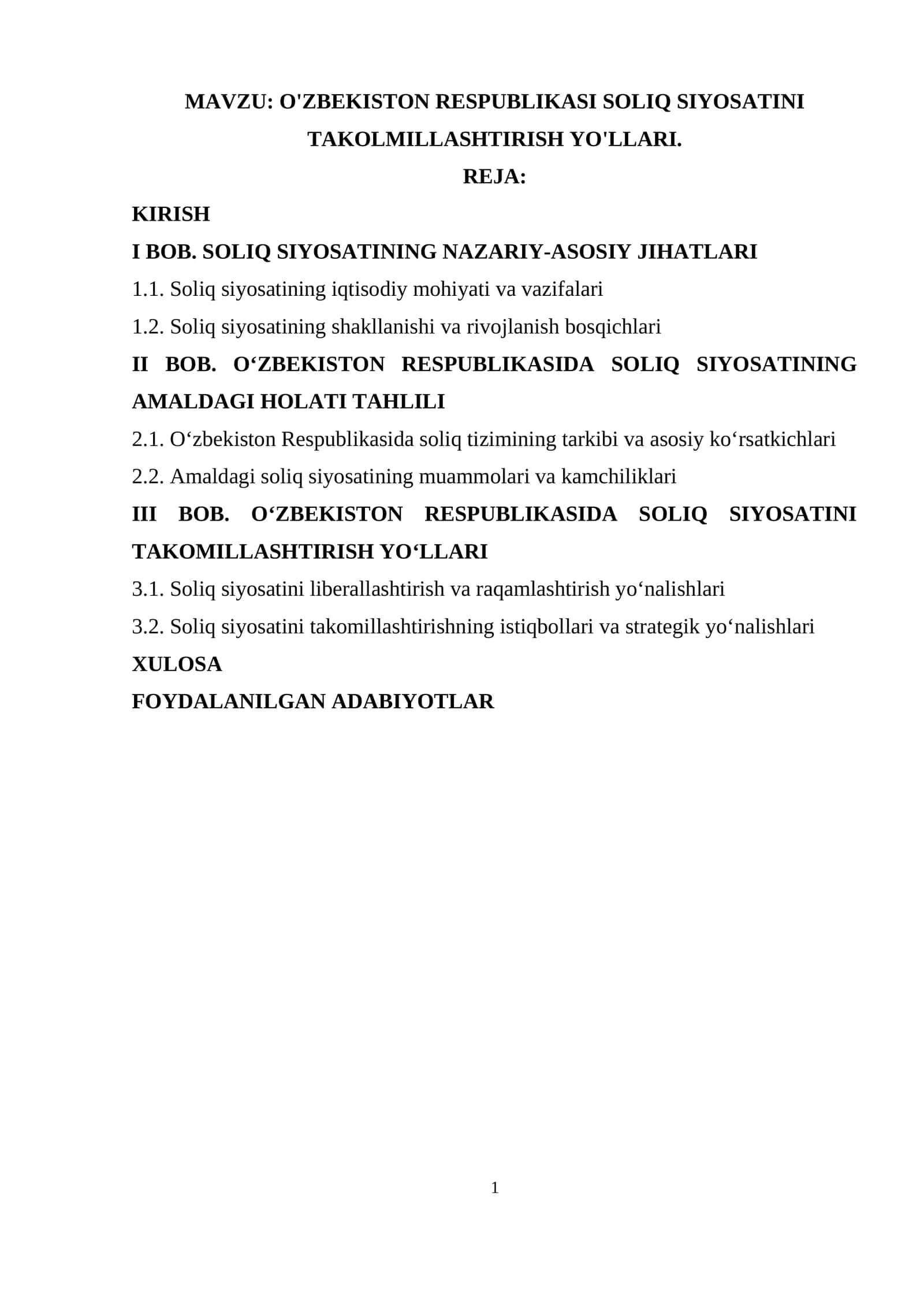O‘ZBEKISTON RESPUBLIKASI SOLIQ SIYOSATINI TAKOLMILLASHTIRISH YO'LLARI 1