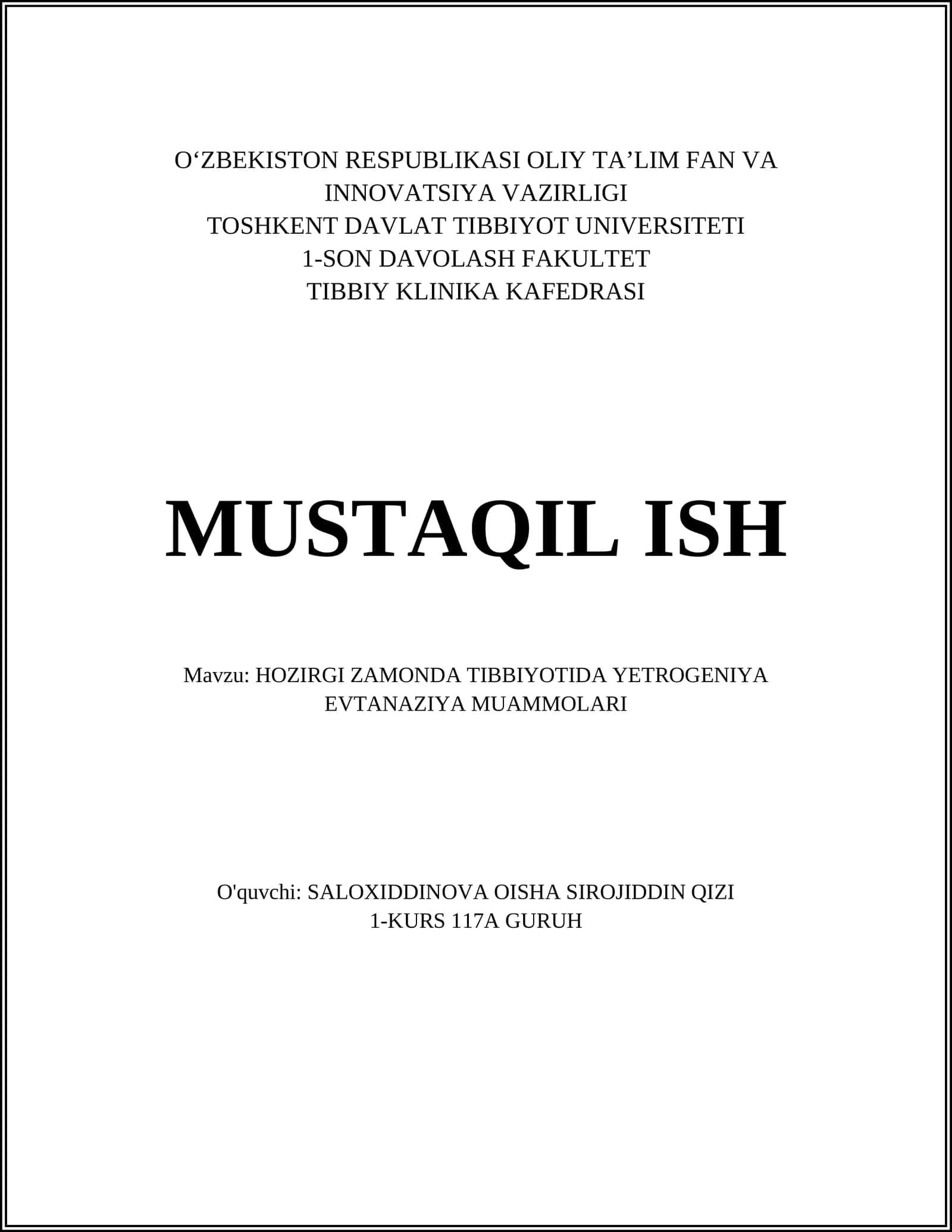 HOZIRGI ZAMONDA TIBBIYOTIDA YETROGENIYA EVTANAZIYA MUAMMOLARI 1