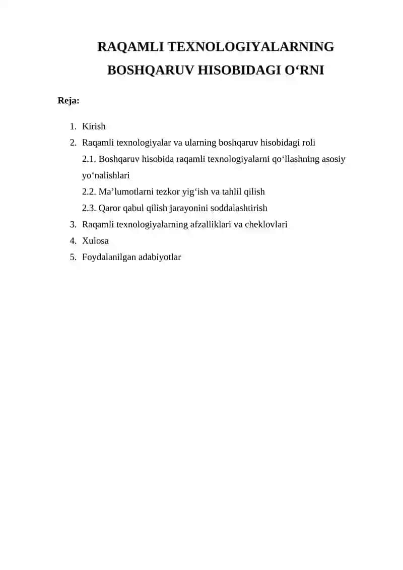 Raqamli texnologiyalarning boshqaruv hisobidagi o‘rni