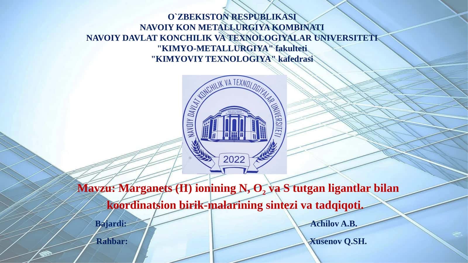 Marganets(II)ionining N, O2 va Stutganligan tlar bilan koordinatsion birik-malari ning sintezivati addqiqoti 1