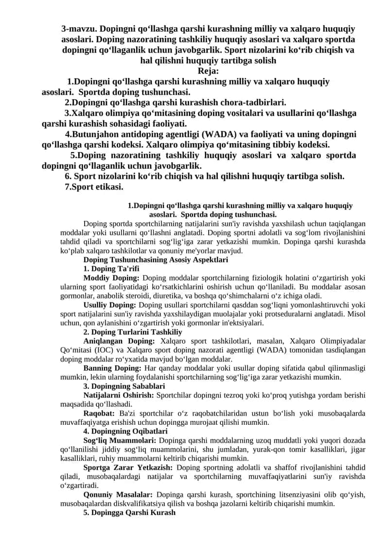 Dopingni qo‘llashga qarshi kurashning milliy va xalqaro huquqiy asoslari 1