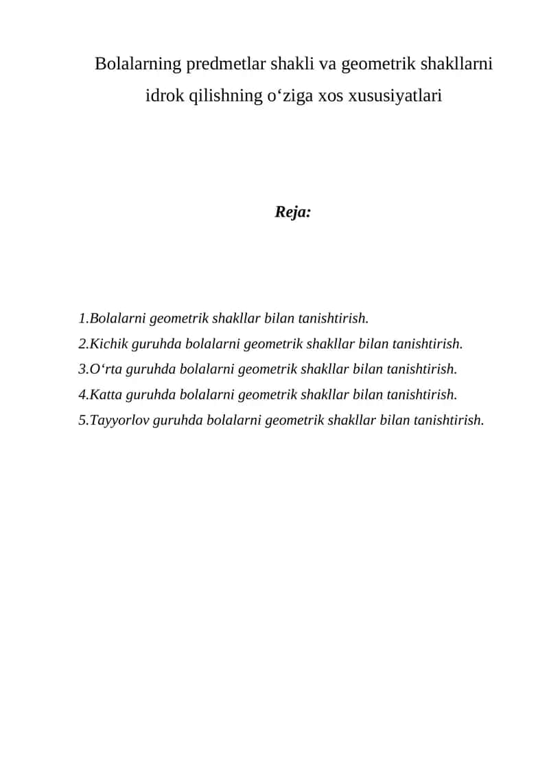 Bolalarning predmetlar shakli va geometrik shakllarni idrok qilishning o‘ziga xos xususiyatlari 1