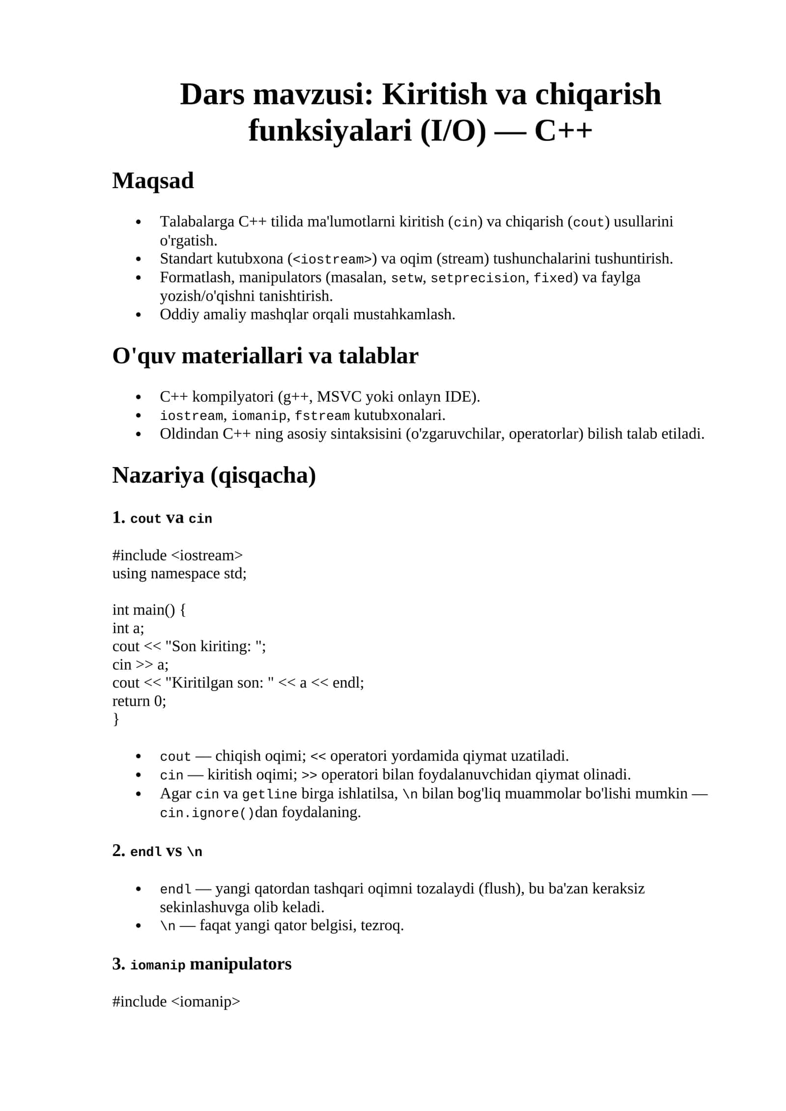 Kiritish va chiqarish funksiyalari (I/O) — C++ 1