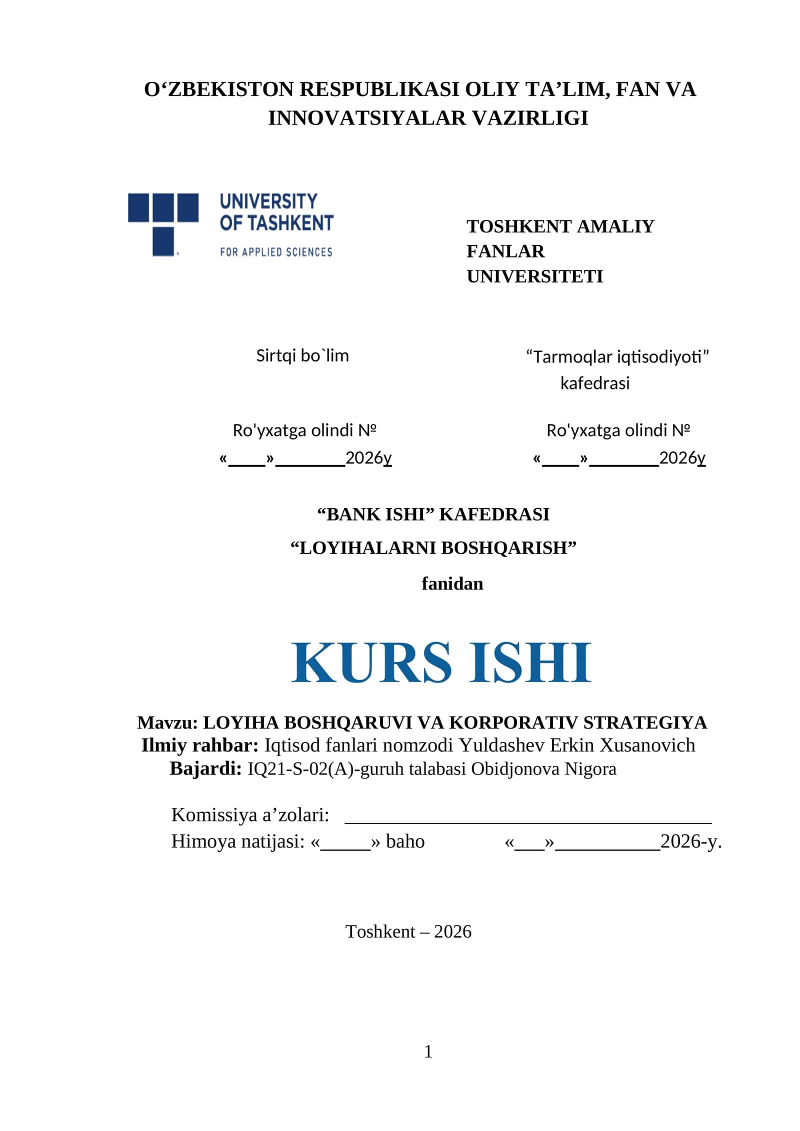 LOYIHA BOSHQARUVI VA KORPORATIV STRATEGIYA 1