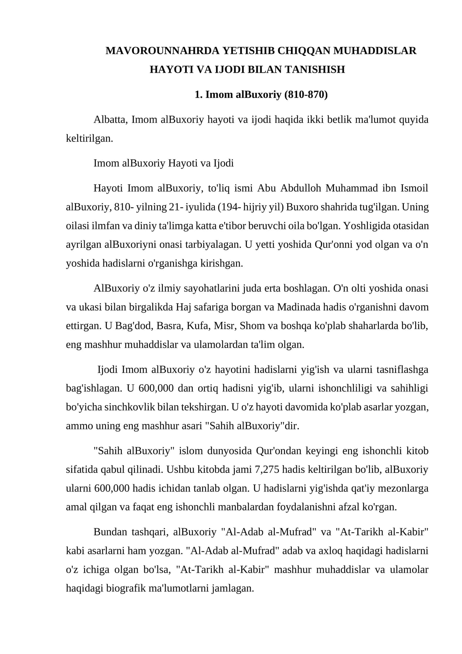 MAVOROUNNAHRDA YETISHIB CHIQQAN MUHADDISLAR HAYOTI VA IJODI BILAN TANISHISH 1
