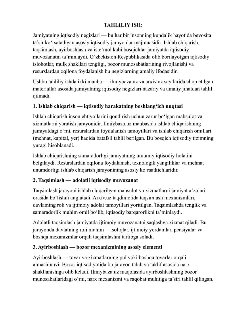Jamiyatning iqtisodiy negizlari tahliliy ish 1