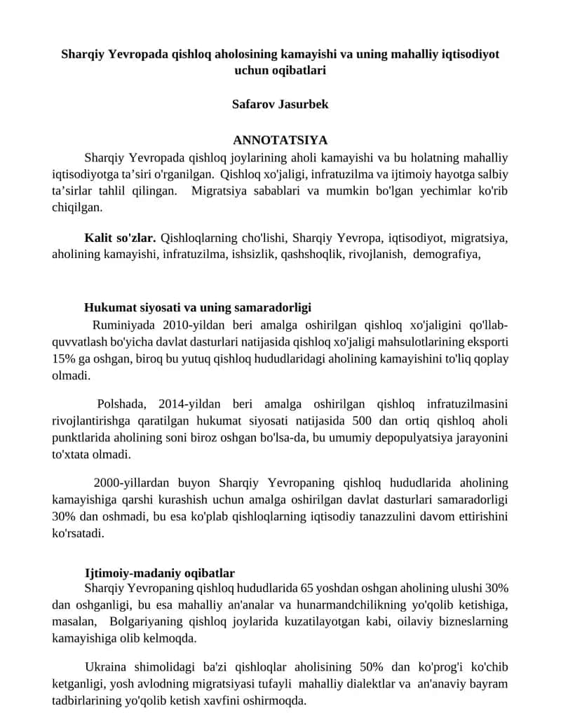 Sharqiy Yevropada qishloq aholosining kamayishi va uning mahalliy iqtisodiyot uchun oqibatlari 1