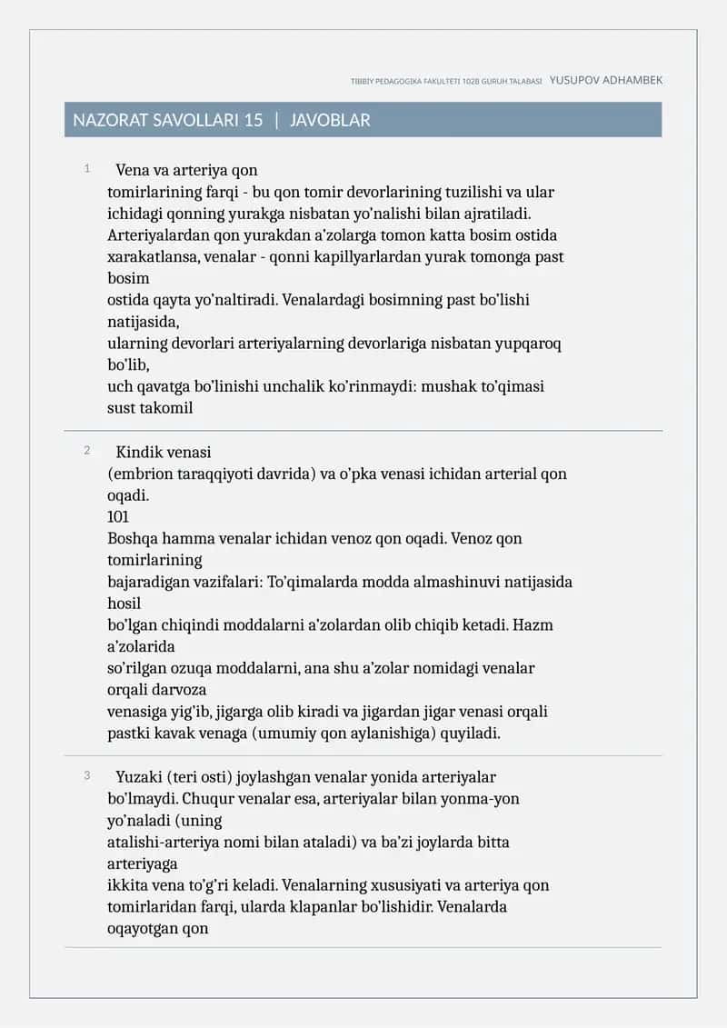 Venalarning xususiyati va arteriya qon 1