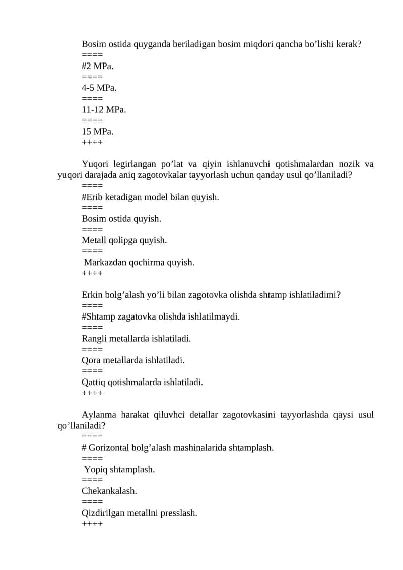 Metallarga ishlov berish usullari bo'yicha test savollari 1