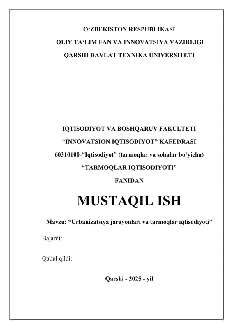 "Urbanizatsiya jarayonlari va tarmoqlar iqtisodiyoti" 1