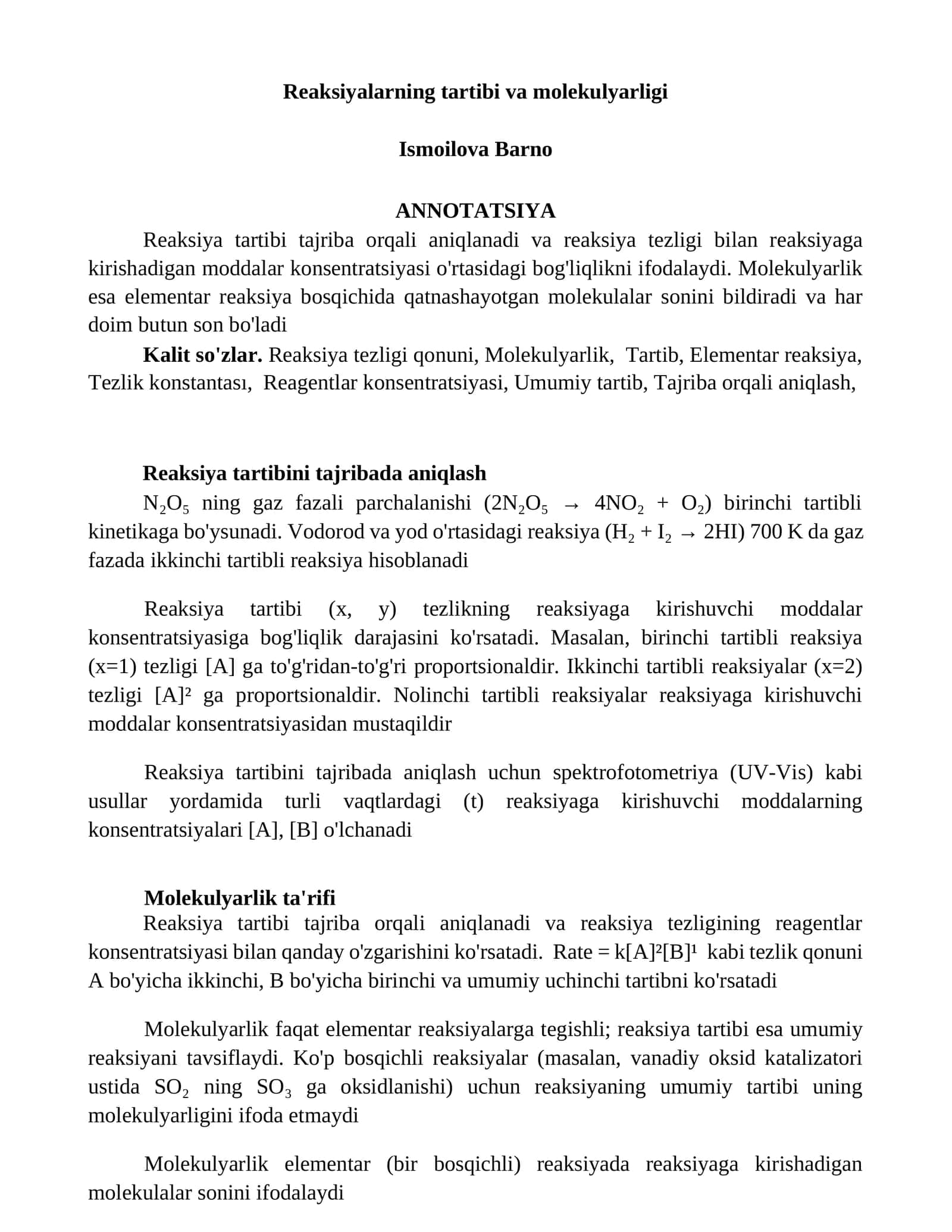Reaksiyalarning tartibi va molekulyarligi 1