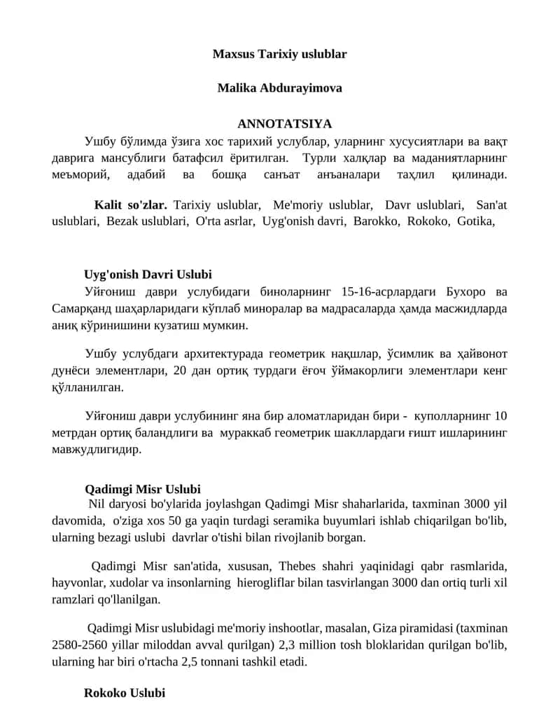 Maxsus Tarixiy uslublar 1