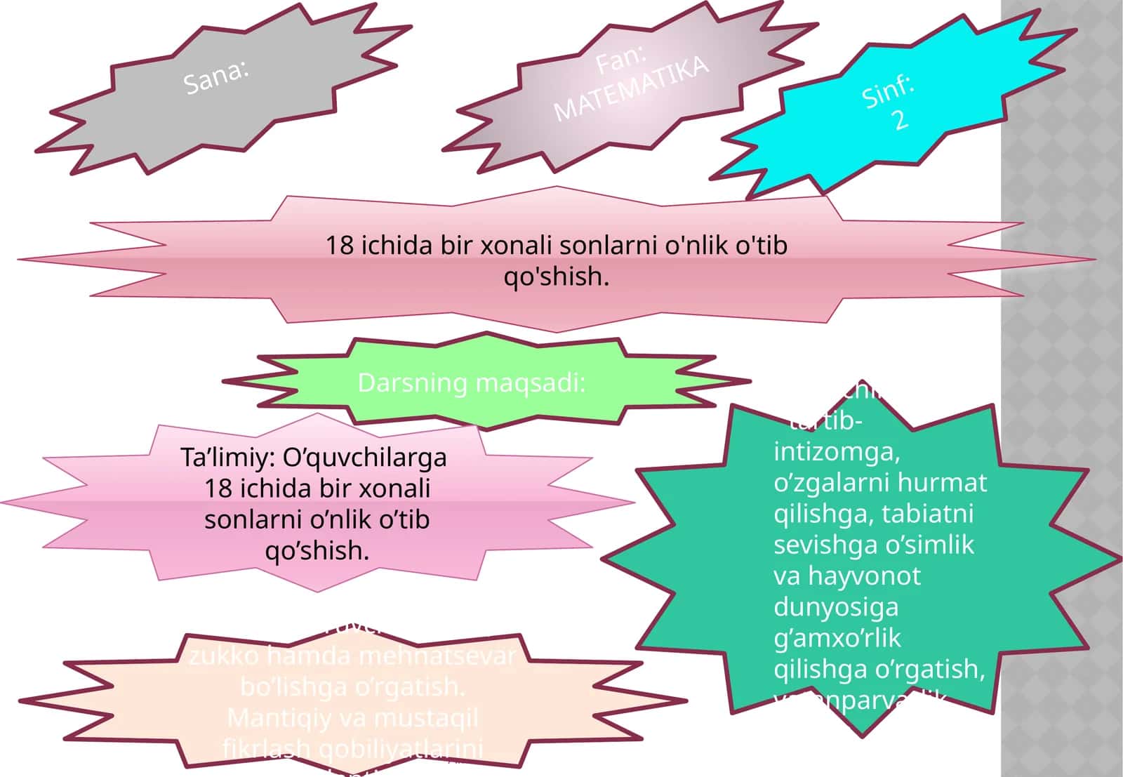 18 ichida bir xonali sonlarni o'nlik o'tib qo'shish 1
