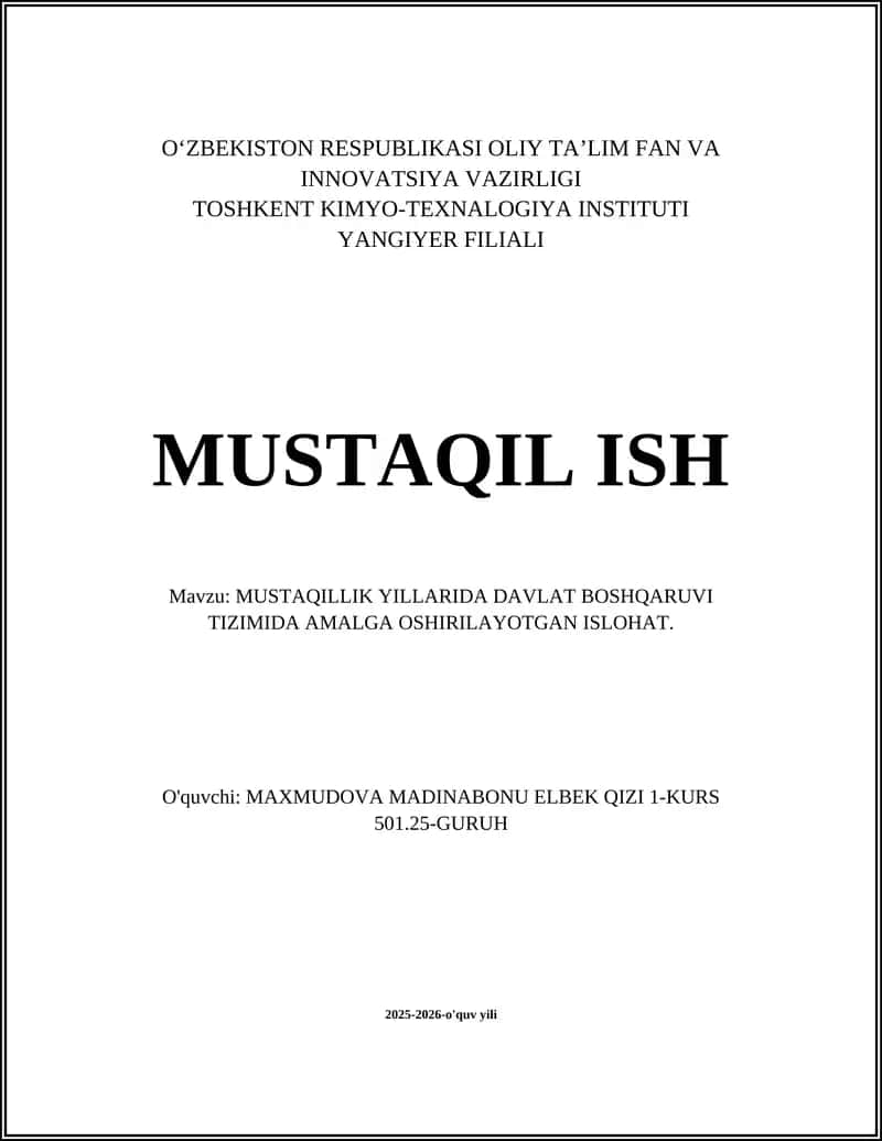 MUSTAQILLIK YILLARIDA DAVLAT BOSHQARUVI TIZIMIDA AMALGA OSHIRILAYOTGAN ISLOHAT 1
