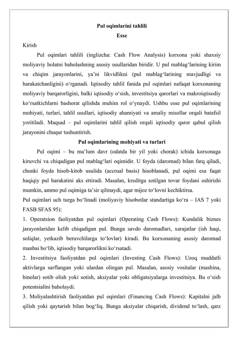 Pul oqimlarini tahlili 1