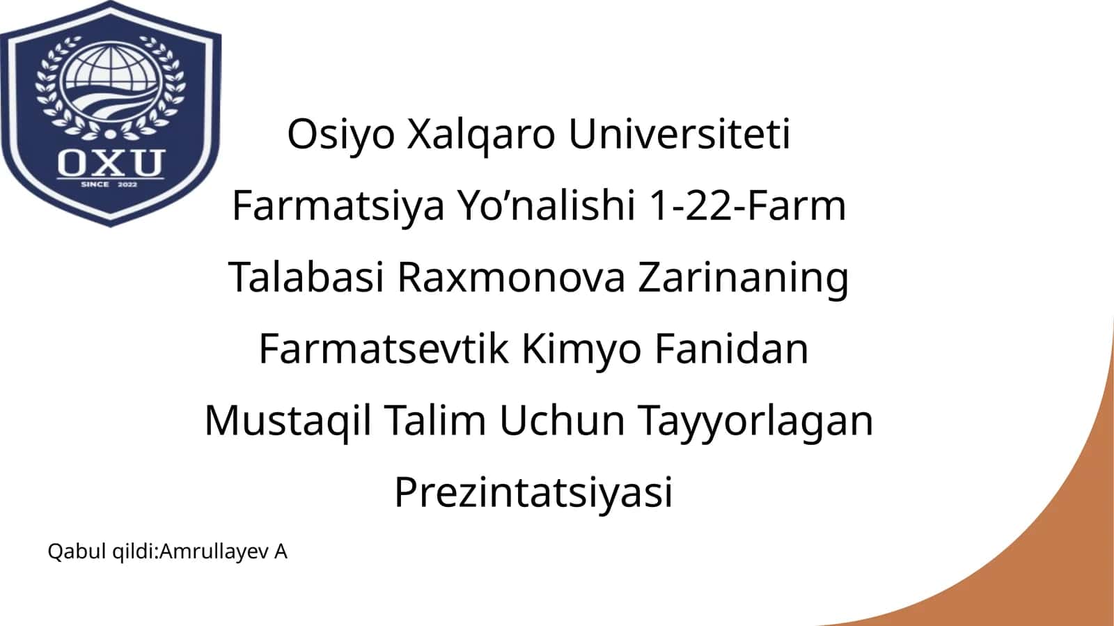 Farmatsevtik Kimyo Fanidan Mustaqil Talim Uchun Tayyorlagan Prezintatsiya 1