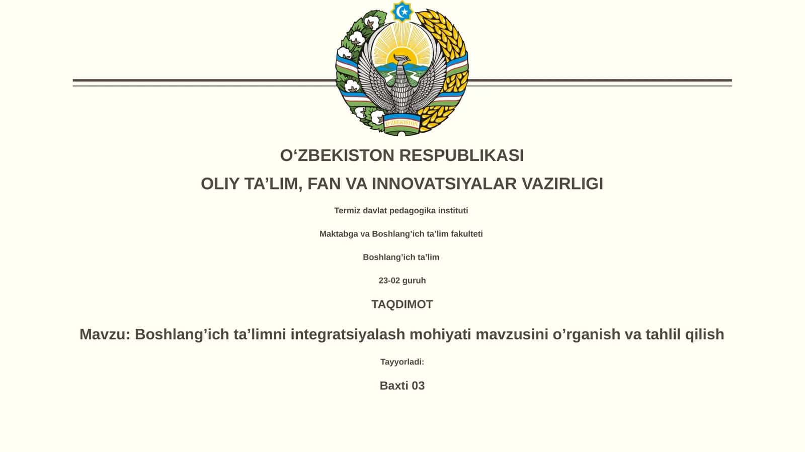 Boshlangʼich taʼlimni integratsiyalash mohiyati mavzusini oʼrganish va tahlil qilish 1
