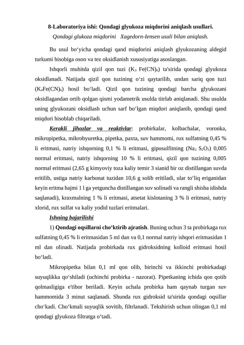 Qondagi glyukoza miqdorini aniqlash laboratoriyasi 1