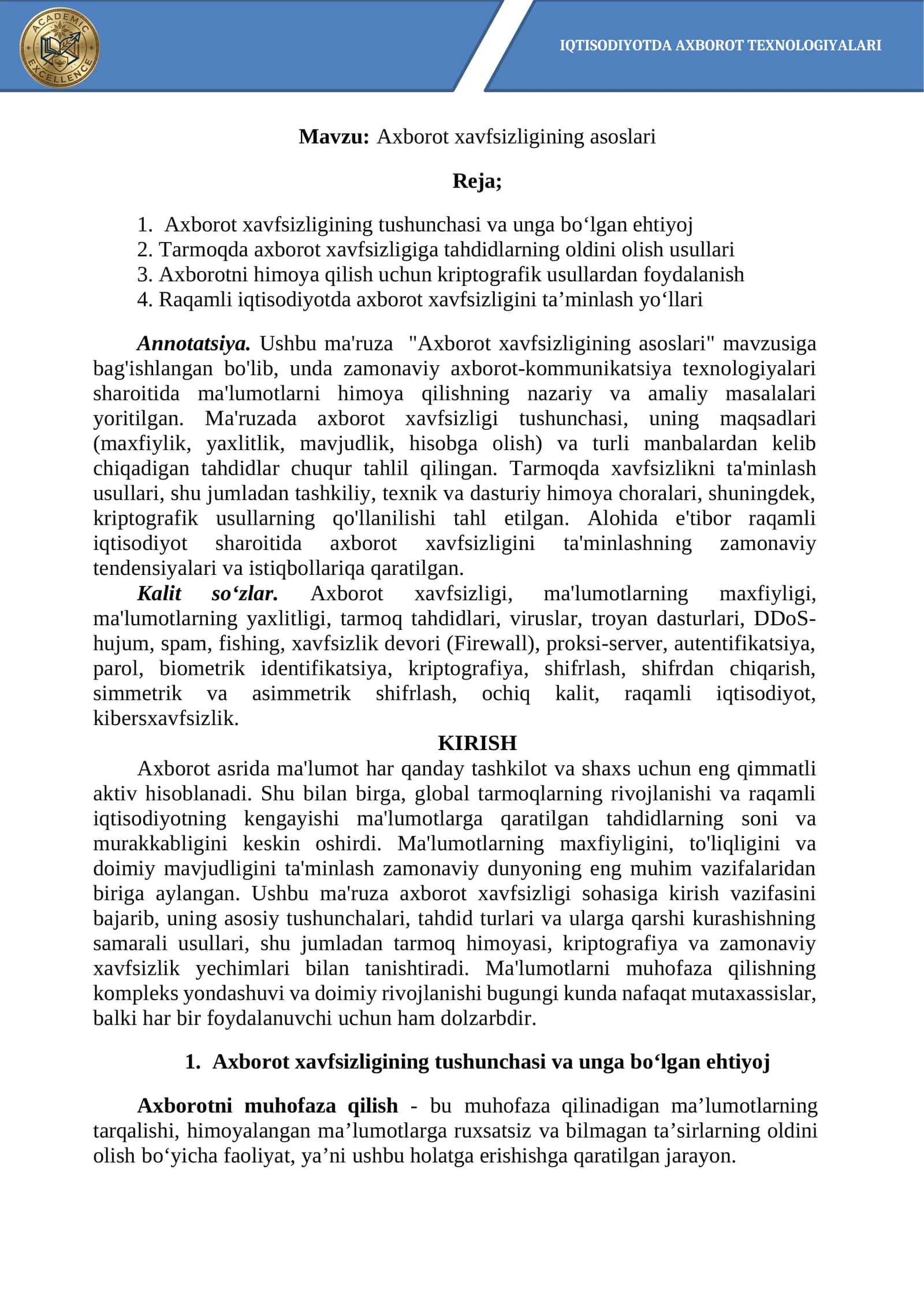 Axborot xavfsizligining asoslari 1