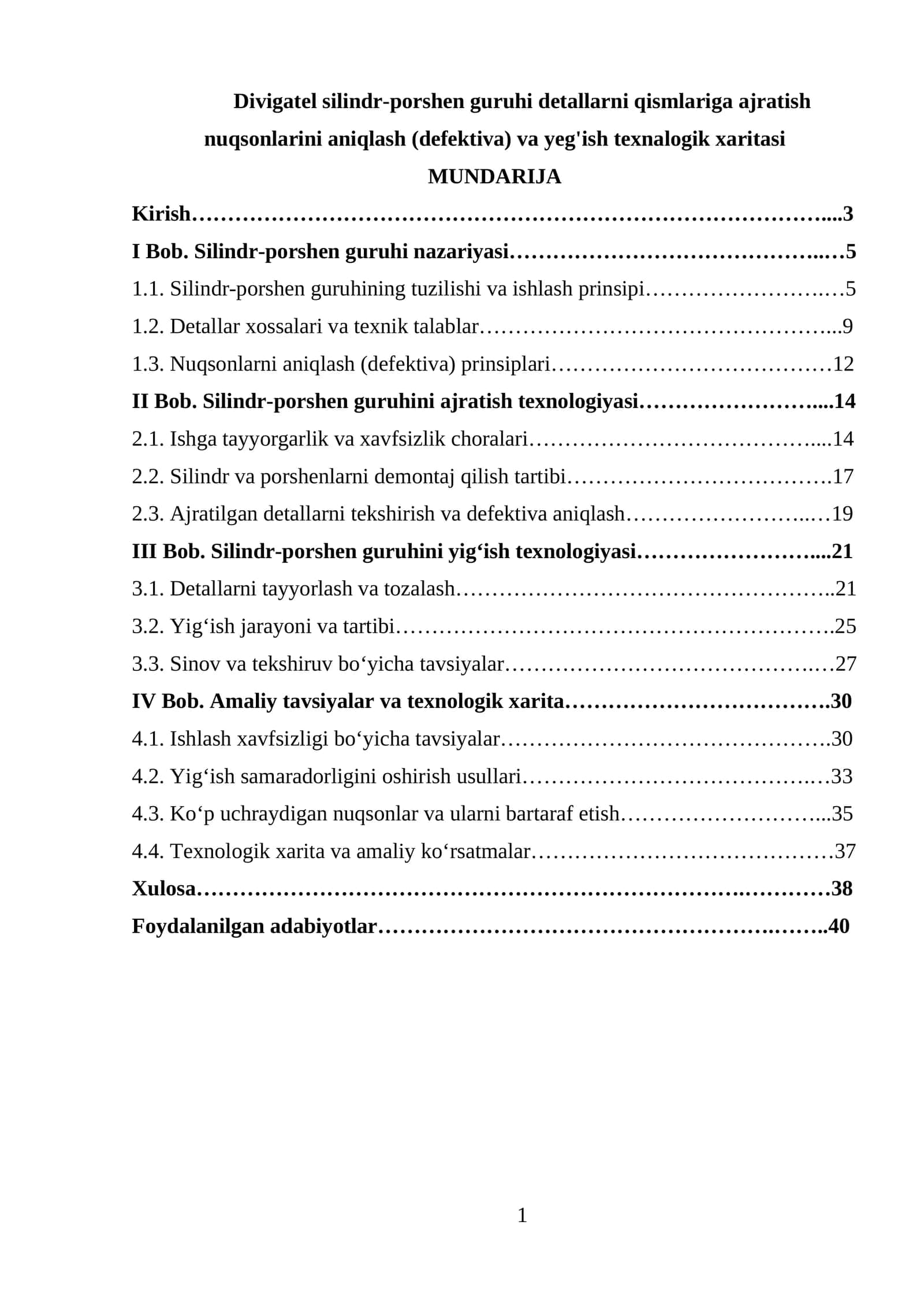 Divigatel silindr-porshen guruhi detallarni qismlariga ajratish nuqsonlarini aniqlash (defektiva) va yeg'ish texnalogik xaritasi 1