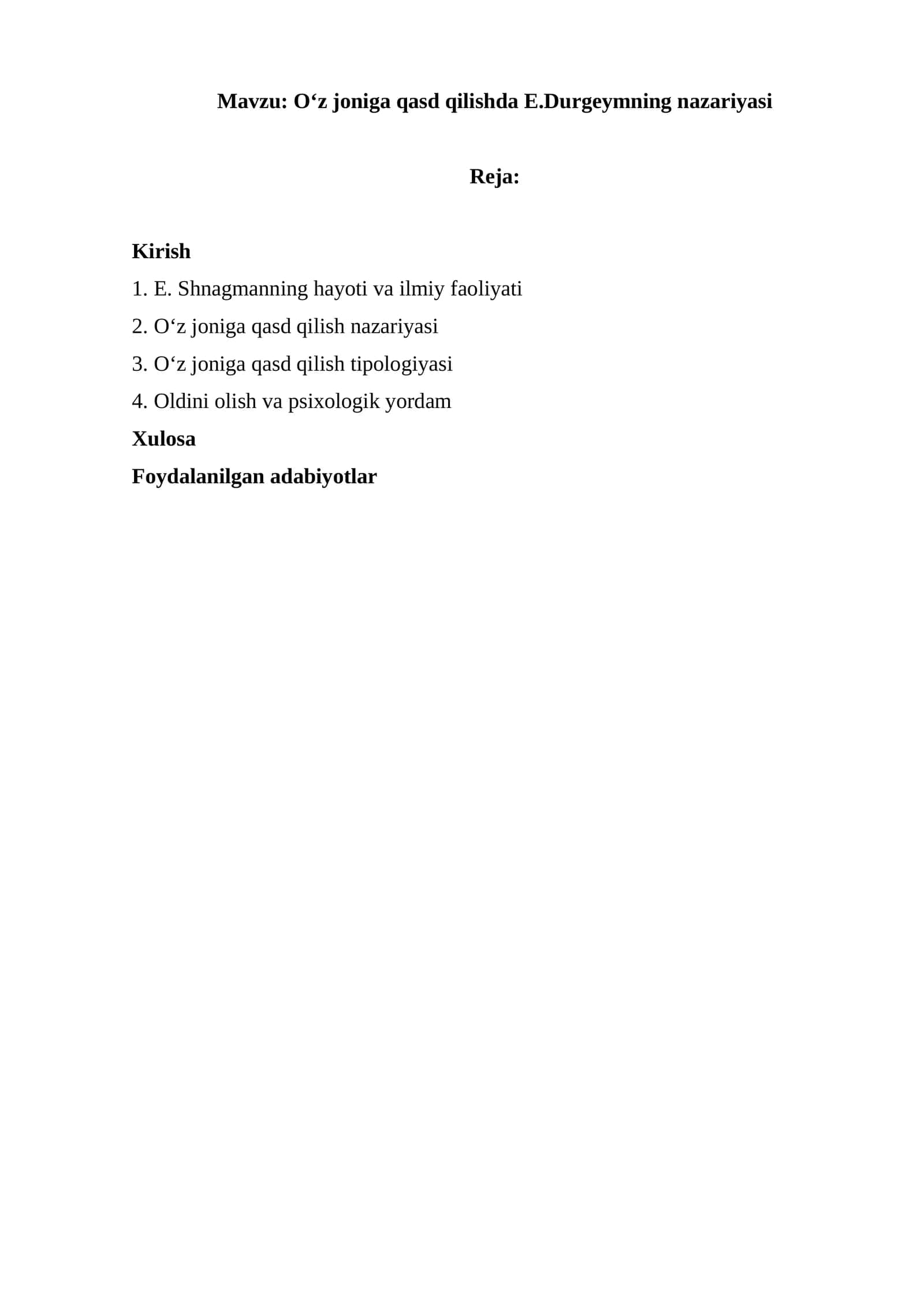 Oʻz joniga qasd qilishda E.Durgeymning nazariyasi 1