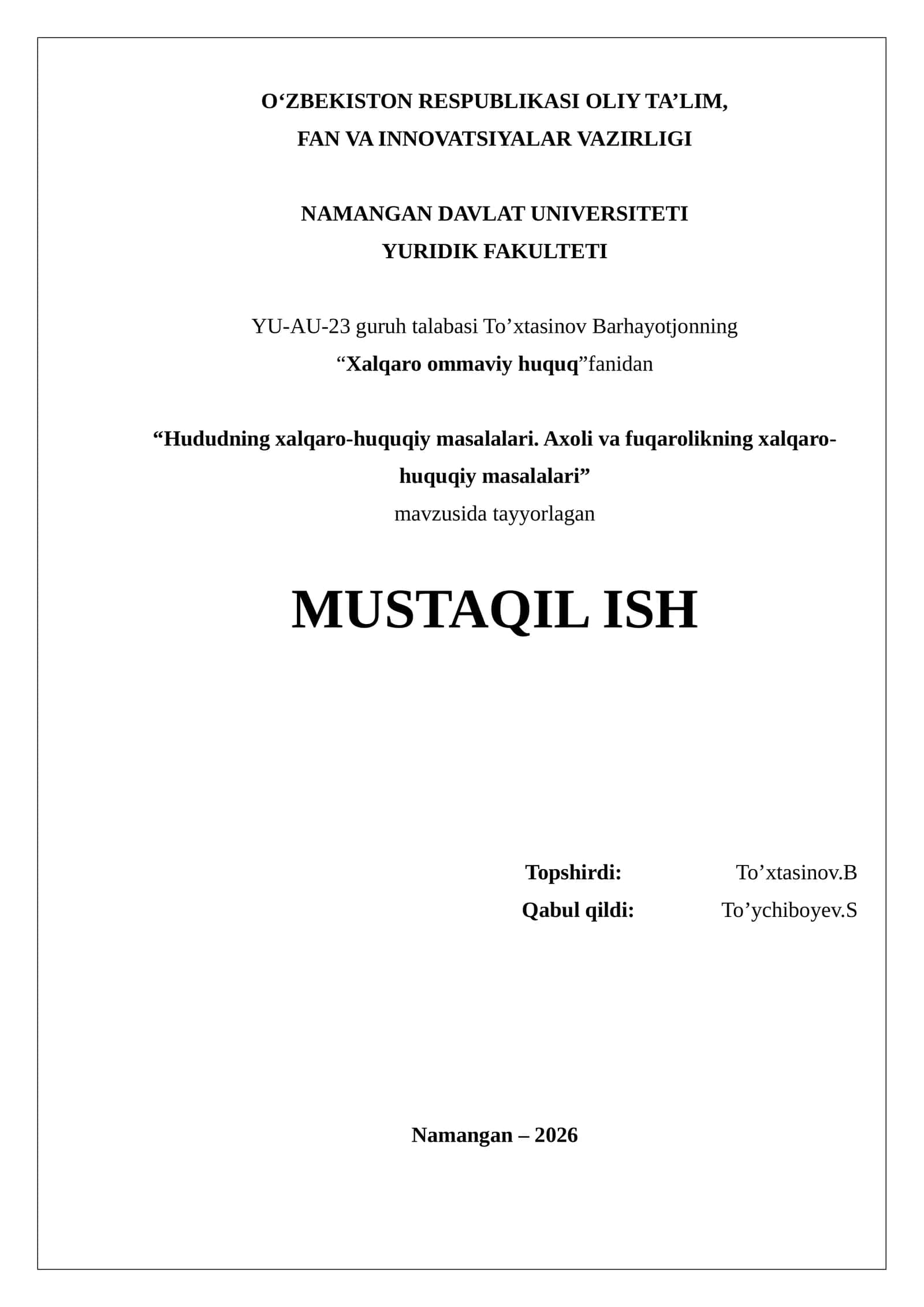 Hududning xalqaro-huquqiy masalalari. Axoli va fuqarolikning xalqaro-huquqiy masalalari 1