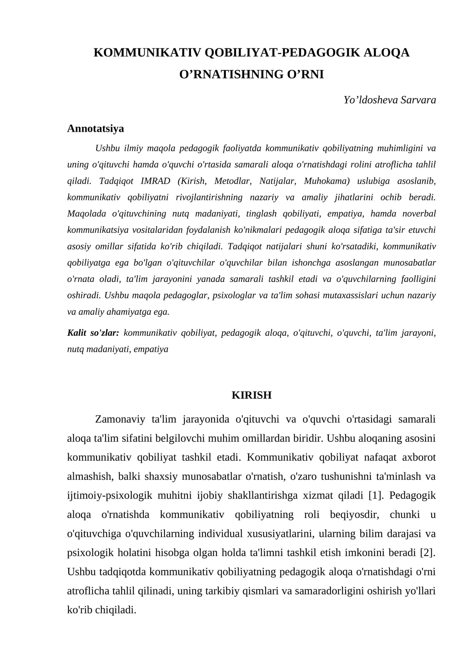 KOMMUNIKATIV QOBILIYAT-PEDAGOGIK ALOQA O’RNATISHNING O’RNI 1