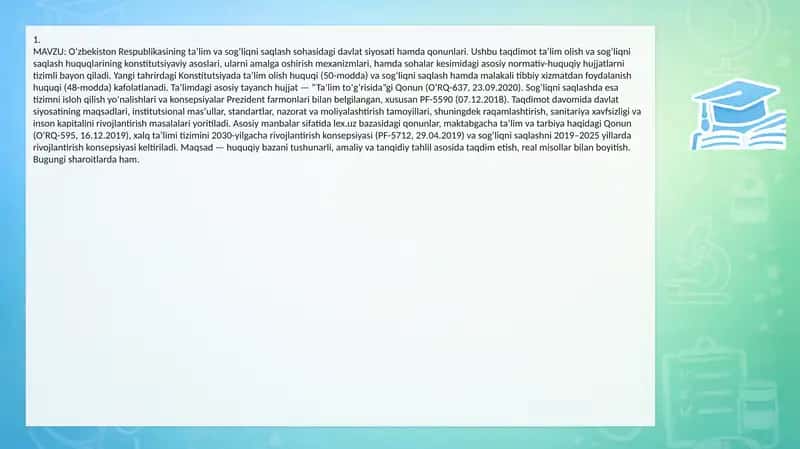 Oʻzbekiston Respublikasining taʼlim va sogʻliqni saqlash sohasidagi davlat siyosati hamda qonunlari 1