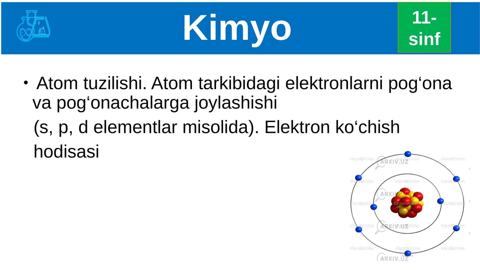 Atomtuzilishi. Atomtarkibidagielektronlarnipog‘onavapog‘onachalargajoylashishi 1