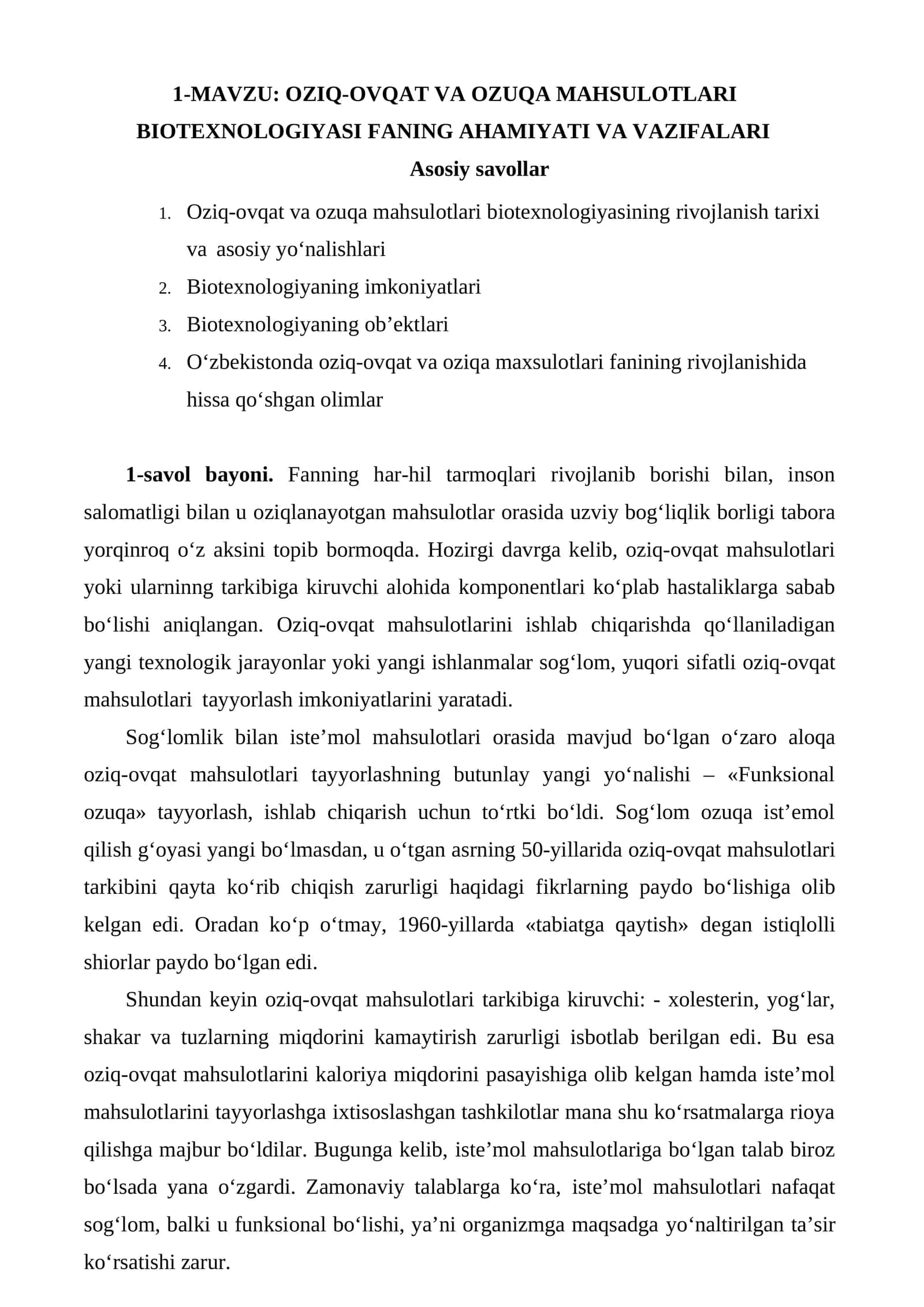 OZIQ-OVQAT VA OZUQA MAHSULOTLARI BIOTEXNOLOGIYASI FANING AHAMIYATI VA VAZIFALARI 1