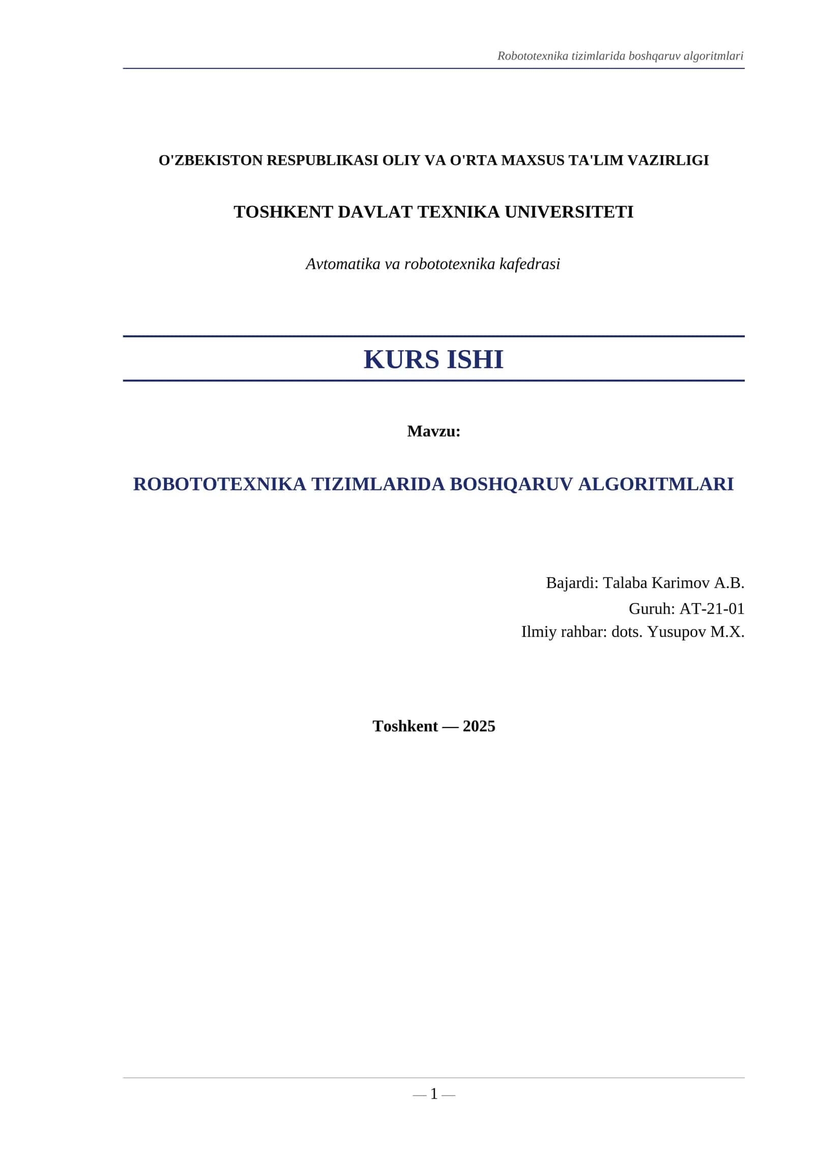 ROBOTOTEXNIKA TIZIMLARIDA BOSHQARUV ALGORITMLARI 1