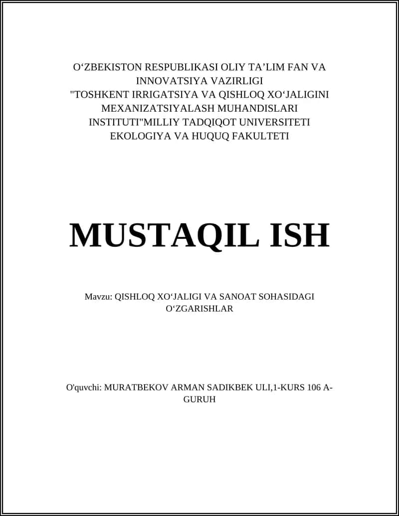 QISHLOQ XOʻJALIGI VA SANOAT SOHASIDAGI OʻZGARISHLAR 1