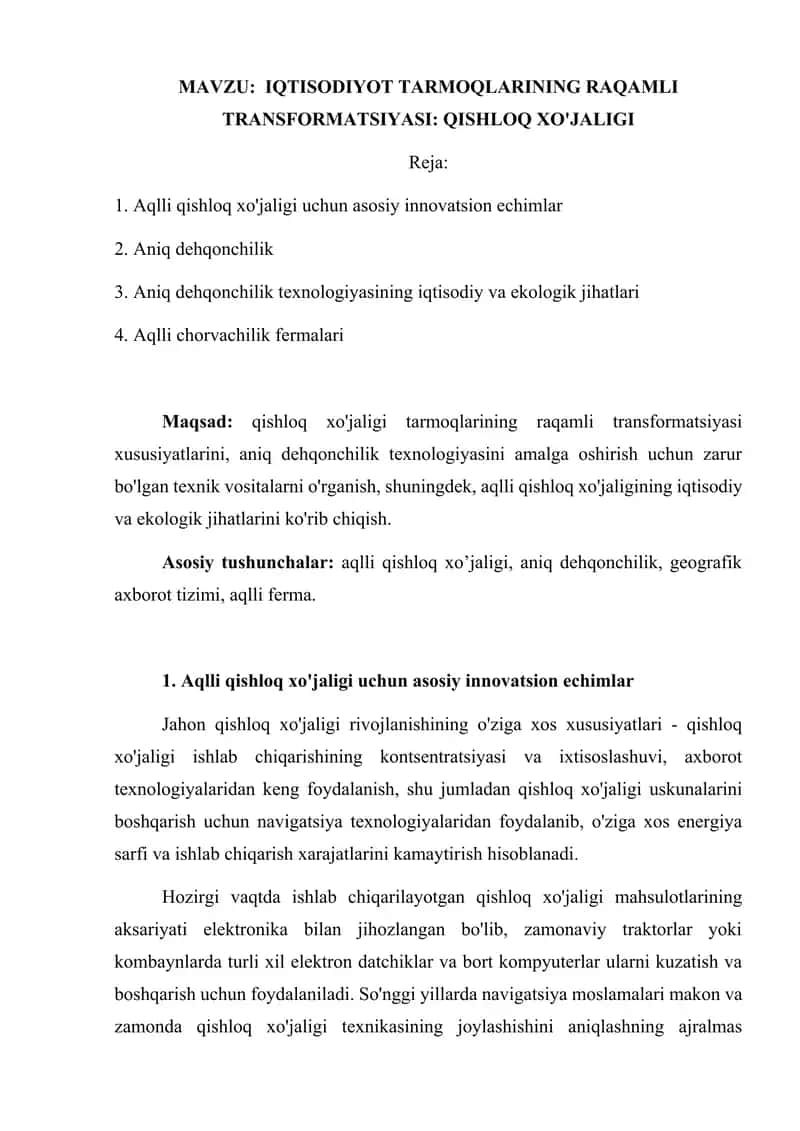 IQTISODIYOT TARMOQLARINING RAQAMLI TRANSFORMATSIYASI, QISHLOQ XO'JALIGI 1