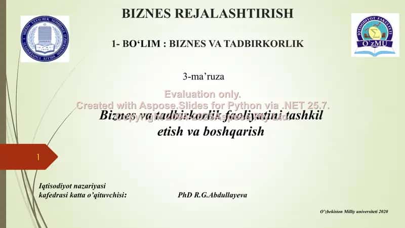 Biznes rejalashtirish (3-ma’ruza) 1
