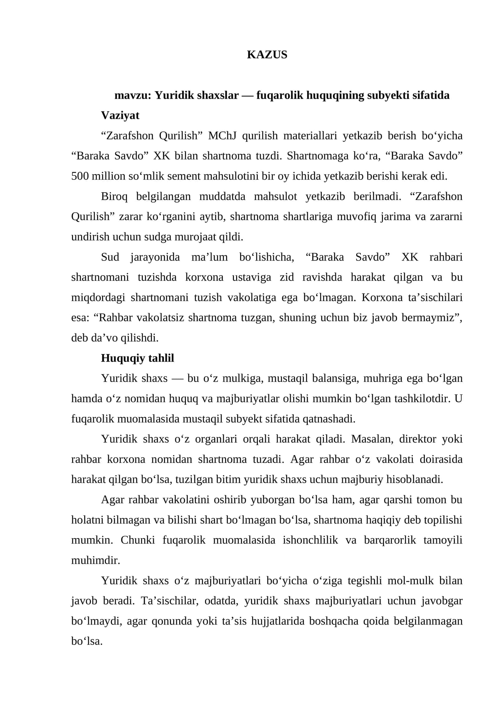 KAZUS Yuridik shaxslar — fuqarolik huquqining subyekti sifatida 1